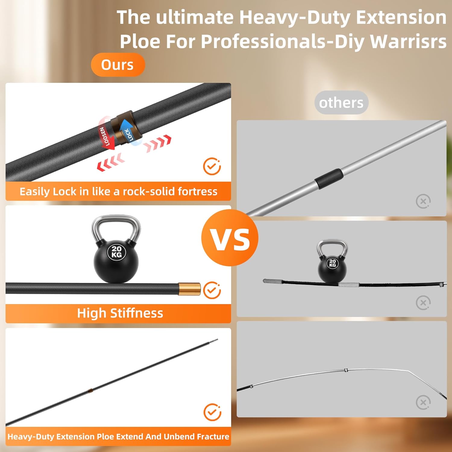 20FT Heavy-Duty Fiberglass Telescopic Extension Pole - High Stiffness, Non-Conductive, Twist Lock for Electrical Rescue, Indoor Cleaning, Pool Washing,Paint,Boat Hooks&Flags- Universal Threaded Tips